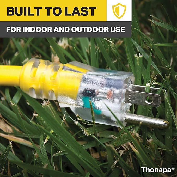 2 Pack Lighted Outdoor Extension Cord 50 ft - 12 Gauge 15 Amp Heavy Duty Power Extension Cords - SJTW - Great for Major Appliances, Power Tools, Garden Supplies - Yellow