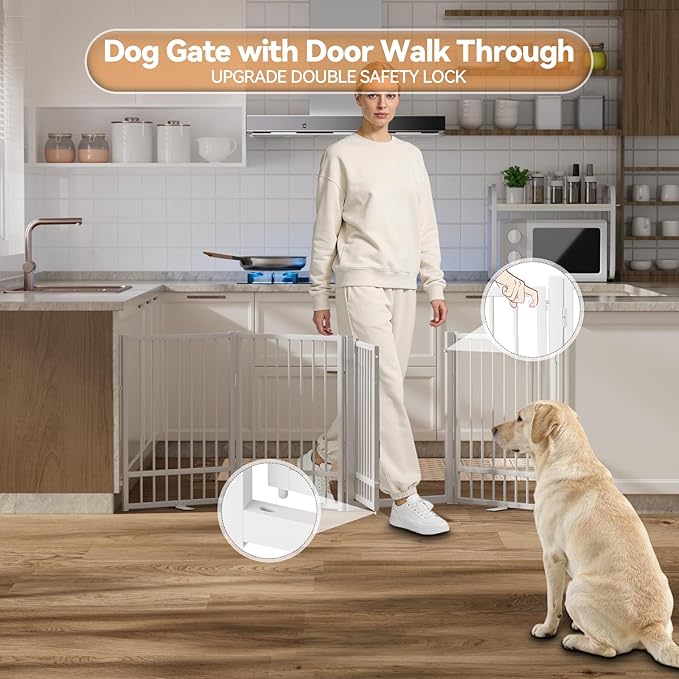 Full Metal Freestanding Dog Gate with Door, 32''Height Foldable Pet Dog Fence for Indoor & Outdoor, 4 Panels Extra Wide Free Standing TallDog Gates for Doorways,House,Stairs,Porch,Deck,Yard