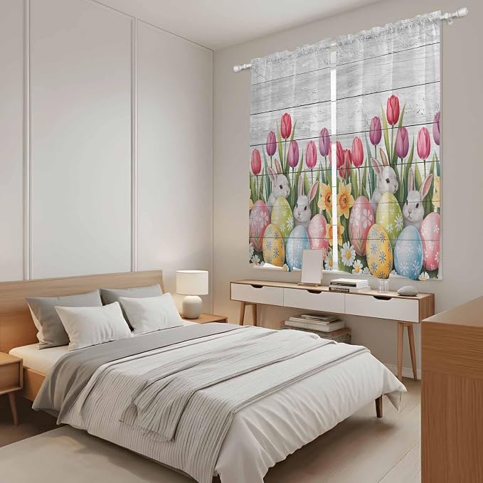 Easter Window Curtains 63 Inch Long 2 Panel Set, Rod Pocket Bedroom Curtains &