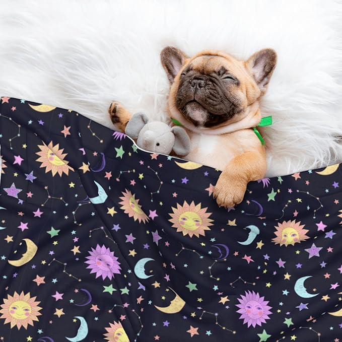 Two Sided Plush Pet Blanket for Warmth Comfort, Trippy Sun Moon Stars, Reversible Throw with Cozy Nubby Side for Chilly Nights Napping Spots Around House