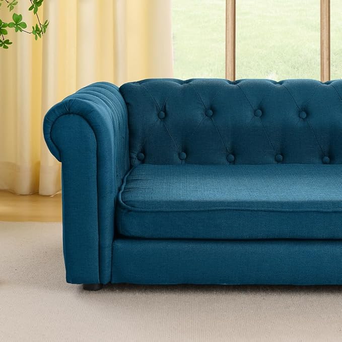 55" Elevated Dog Sofa Couch for Large and Oversized Dogs, Comfortable Linen Fabric Pet Bed with Thick Cushion, Durable Raised Dog Couch with Tufted Armrests, Stylish Modern Pet Furniture