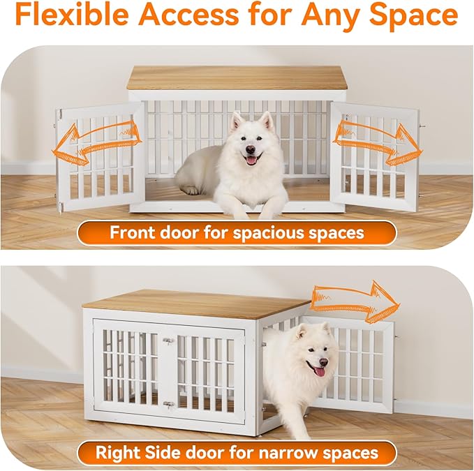 42" Heavy Duty Dog Crate Furniture for Small,Medium and Large Dogs,Rustic Wooden Dog Cage Kennel Indoor Furniture with Waterproof Top,Decorative Pet House Side End Table (White & Wood)