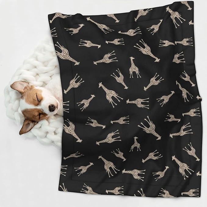 Two Sided Plush Pet Blanket for Crates Carriers Home Use, Giraffe Leopard Print On Black, Reversible Throw with Cozy Dot Fabric and Silky Reverse for Small Large Pets