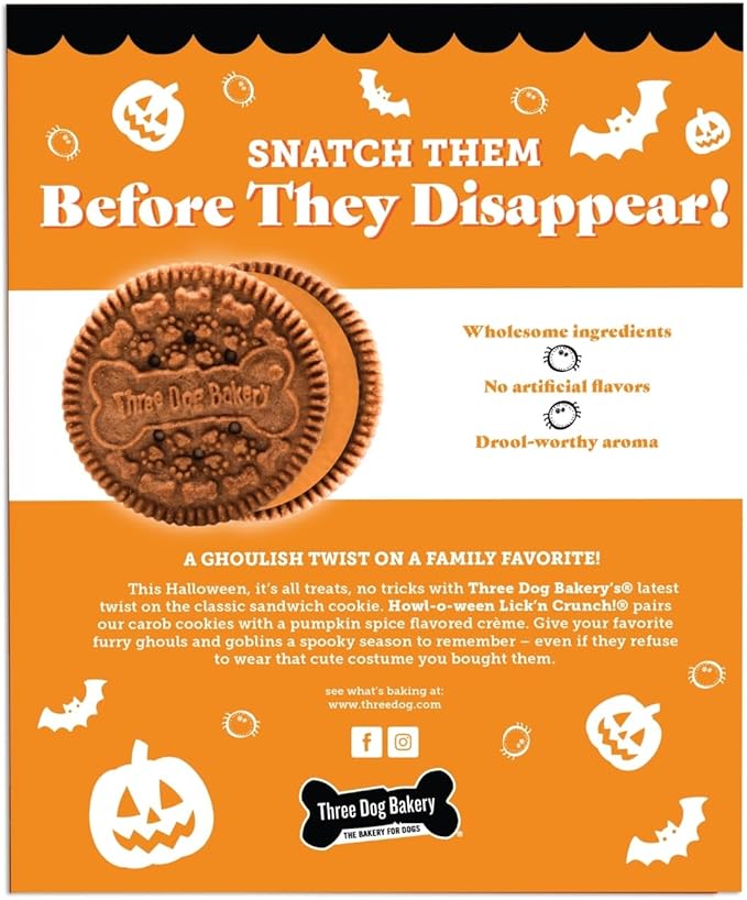 Three Bakery Howl-O-Ween Lick'n Crunch! Sandwich - Carob & Pumpkin Spice Flavored Treats, Puppy for Halloween, Training Treats, Holiday