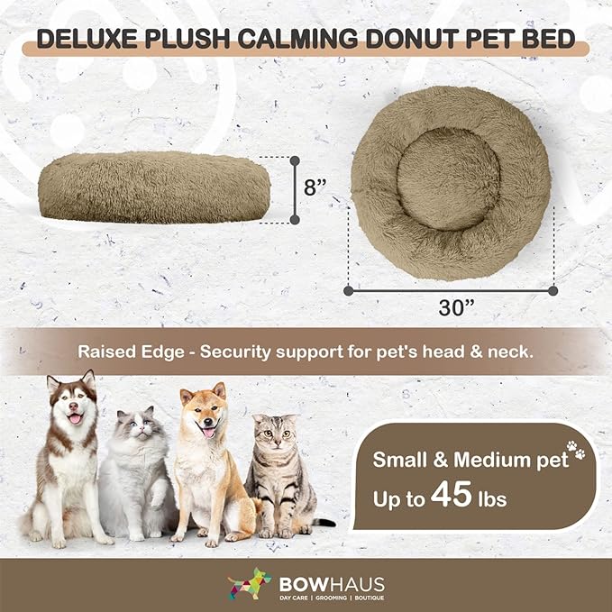 24/30 Inch Calming Donut Pet Bed for Small/Medium Cats and Dogs, Anti-Slip Bottom, Washable, Anti-Anxiety Fluffy Round Cat Bed, Indoor Shaggy Cuddler Cotton Candy Brown, Light Gray, Pink Bed