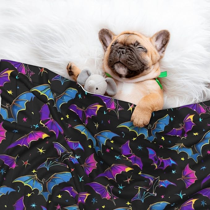 Reversible Plush Pet Blanket for Puppies Kittens, Halloween Cool Bats, Double Sided Gentle Dot Texture for New Pets Adjusting to Home Environment Softly