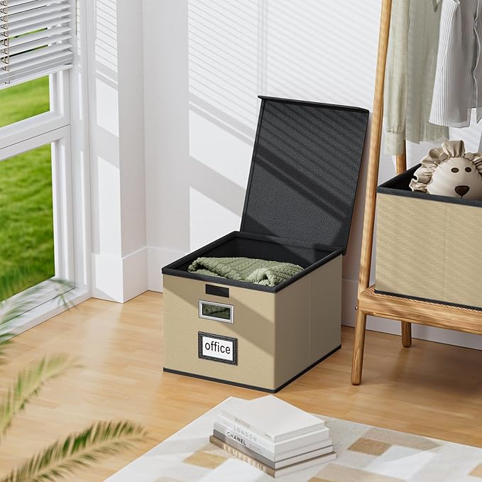 Huolewa Faux Leather File Organizer Box with Lid, Collapsible Hanging File Folder Box Organizer with Plastic Slides, Decorative Home/Office Filing System Boxes for File and Folder Storage-Khaki