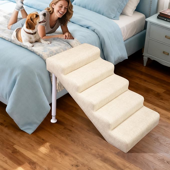 Adjustable Dog Stairs & Ramp for Cats and Dogs, 5-Step Pet Stairs for High Beds and Couch, 18.5"–23.6" Height, Linen Faux Leather, Waterproof, Scratch-Resistant, Non-Slip Indoor Pet Ramp
