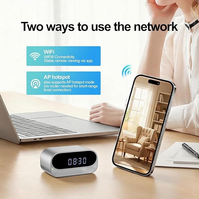 4K Camera Clock with Night Vision Wireless Smart Clock Cam Pet Monitor, Support App Remote & Motion Detection -No Audio