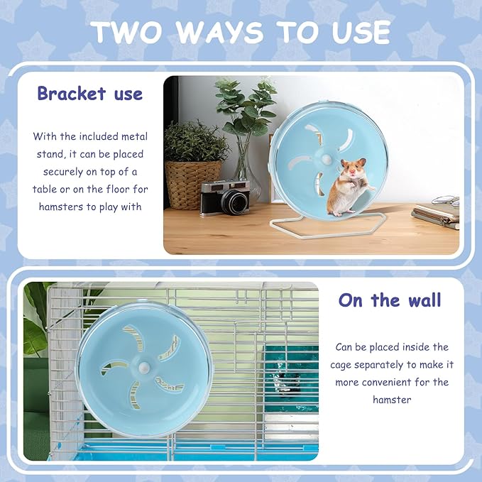 Blue 8.4" Silent Hamster Wheel with Height-Adjustable Stand, Quiet Spinning Hamster Exercise Wheels, Small Animal Chinchilla Running Toys Cage Accessories for Gerbils Mice Rats (Blue)