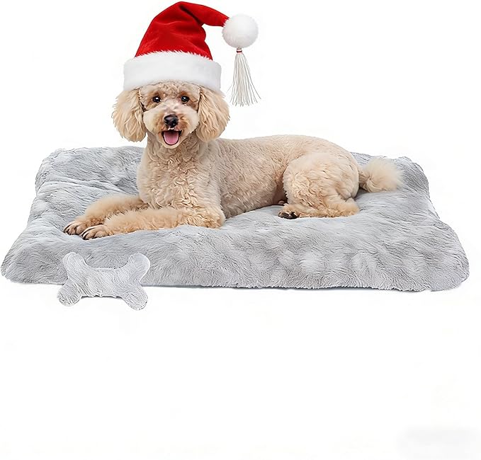 Washable Dog Bed for Small to Large Dogs, Calming Anti Anxiety Medium Dog Bed, Deluxe Plush Faux Fur Crate Beds, Comfy Fluffy Kennel Pad Pet Sleeping Mat with Non-Slip Bottom, 30"x20", Gray