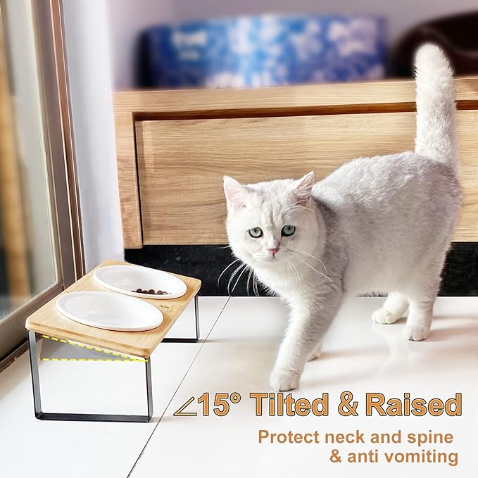 Sunhoo Elevated Cat Bowls for Indoor Cats Ceramic Kitty Dish Food Water Raised Tilted Puppy Feeding Sation with 4 Dishes Wooden Stand Pet Feeder Metal Legs Orthopedic Reduces Vomiting（Yellow）