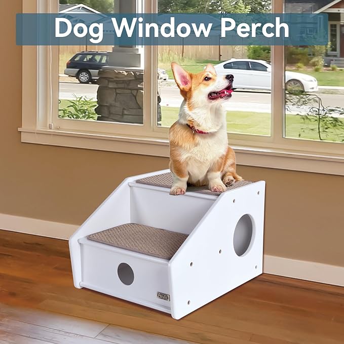 Petsfit 2-Steps Dog Stairs, Non-Slip cat Window Perch, White(21x17x14 inch)