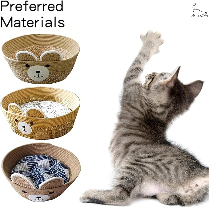 Pet Bed Woven Basket with Detachable Cushion Cartoon Bear Theme Basket Bed Dog Detachable Cushion Nest Pet Furniture