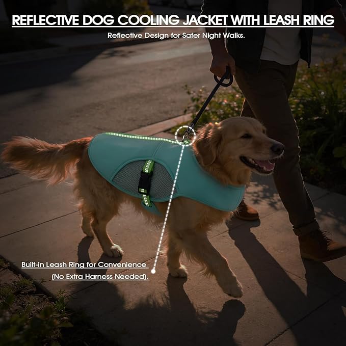 IECOii Reflective Dog Cooling Vest for Hot Weather, Soft Cooling Jacket Summer Dog Cooler Shirt with Leash Ring, Breathable Pet Cool Harness for Outdoor Walking, Hiking, Beach, Turquoise, Size L