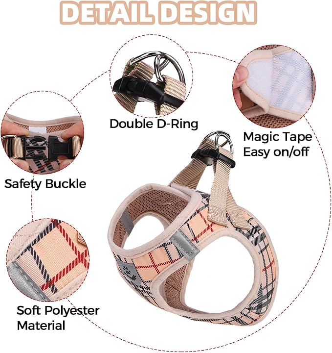 PAWCHIE Dog Harness and Leash Set, Step in No Pull Soft Pet Harness, Reflective Adjustable Puppy Vest for Small Medium Dogs Cats, No Choke Harness Vest with Poop Bag Holder for Walking,Running,Beige M