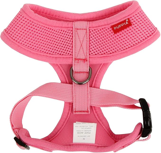 Puppia Soft Dog Harness No Choke Over-The-Head Triple Layered Breathable Mesh Adjustable Chest Belt and Quick-Release Buckle, Pink, Large