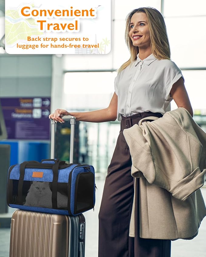 PETUX Airline Approved Pet Carrier - 17x11x9.5 in, Underseat, Top & Side Entry, Soft Sided Cat Dog Carrier for Small Cat & Dog Up to 12 lbs with Breathable Anti-Scratch Mesh for Travel & Vet - Blue