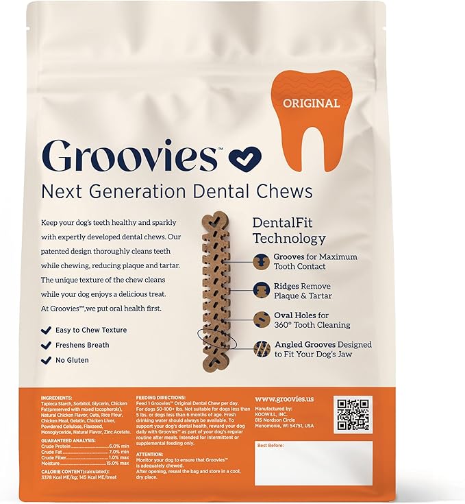Groovies Flexible Dog Dental Chews with Patented DentalFit Technology to Help Support Tartar Control & Fresh Breath, XLarge Dog Chews for 50-100 lb Dogs, USA Manufactured Oral Care, 4 Chews