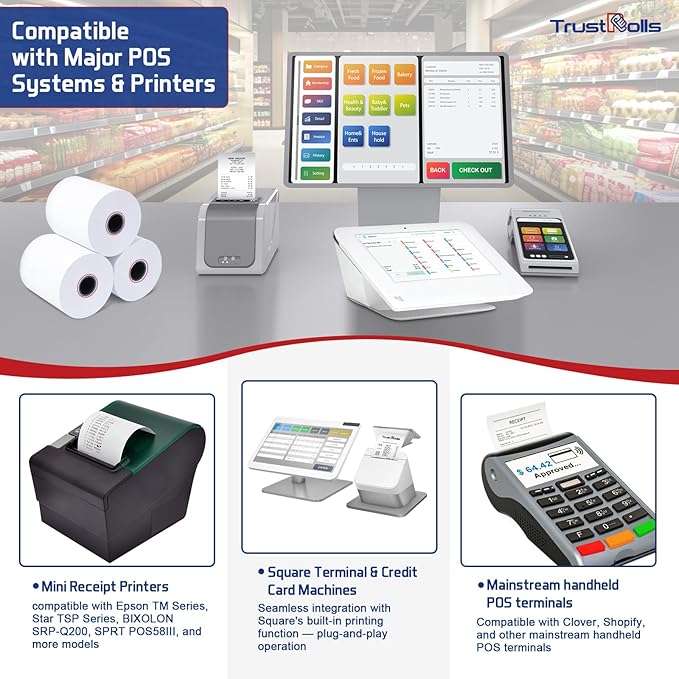 (200 Rolls) Premium 2 1/4 x 50 Thermal Paper Rolls - BPA Free Credit Card Receipt Paper, Suitable for POS & ATM Systems