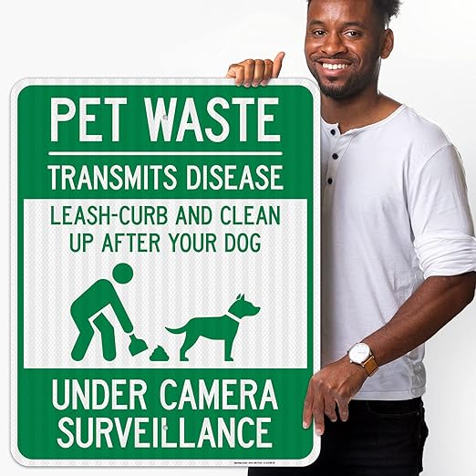 Pet Waste Leash-Curb and Clean Up After Your Dog Under Camera Surveillance Sign, 24x30 Inches, 3M EGP Reflective .080 Aluminum, Fade Resistant, Made in USA