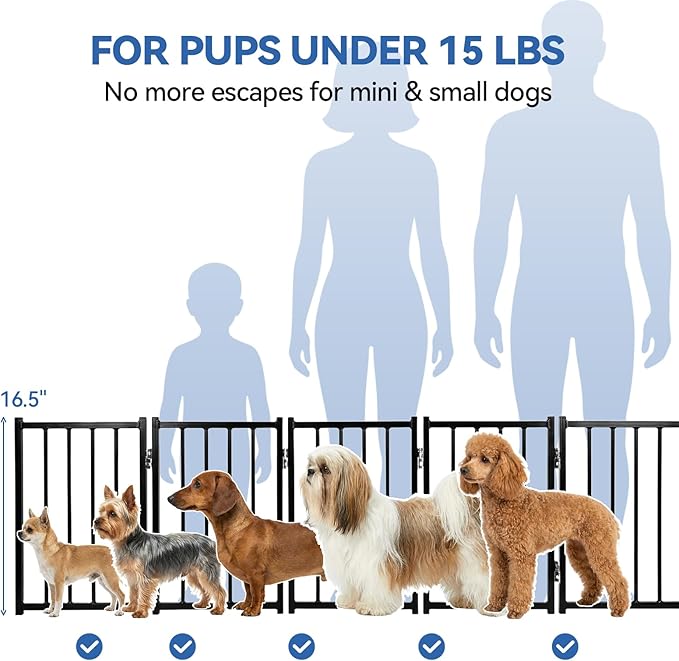 BFNN Metal Short Dog Gate, 16.5" High to Step-Over, Free Standing Foldable Pet Gate, Up to 72" Wide Puppy Fence for Stairs and Doorways, Indoor & Outdoor Use, No Drilling and No Assembly, Black