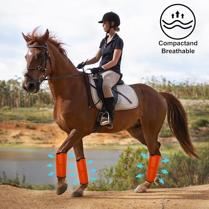 FOXLVDA Horse Fly Boots - Fly Boots for Horses Set of 4, Comfortable Horse Leggings, Mesh Material Design with Metal Support Bars for Reduces Stomping & Leg Fatigue (Orange, Medium)