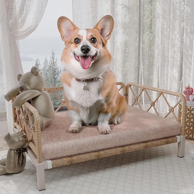 Elevated Waterproof Dog Beds with Egg Crate Foam Support Pet Bed, Outdoor Dog Sofa Bed PE Wicker Orthopedic Pet Couch Bed with Washable Removable Cushion for Medium, Small Dogs, Brown