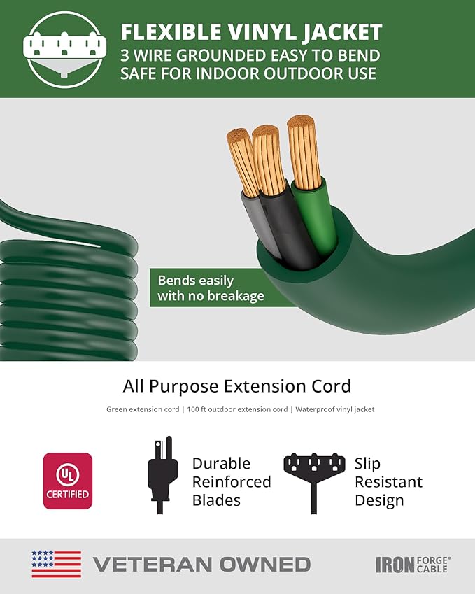 Iron Forge Cable 100ft Green Outdoor Extension Cord with 3 Outlets - 16/3 SJTW 100ft Extension Cord 3 Prong, 10 Amp All-Weather Heavy Duty Power Cable