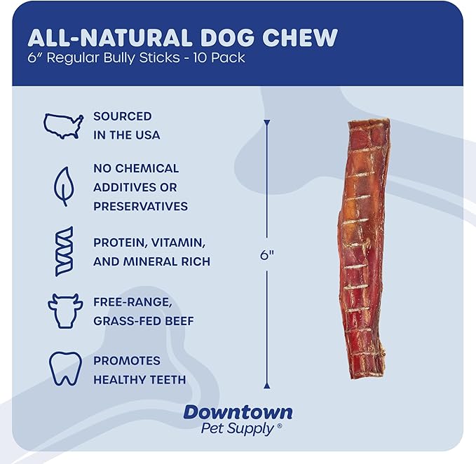 Downtown Pet Supply USA Sourced Bully Sticks for Dogs - Grass-fed Beef Chews, Low-Odor & Rawhide-Free, Long Lasting Dog Treats - Healthy, Safe & Delicious Chews (6" 10 Pack)
