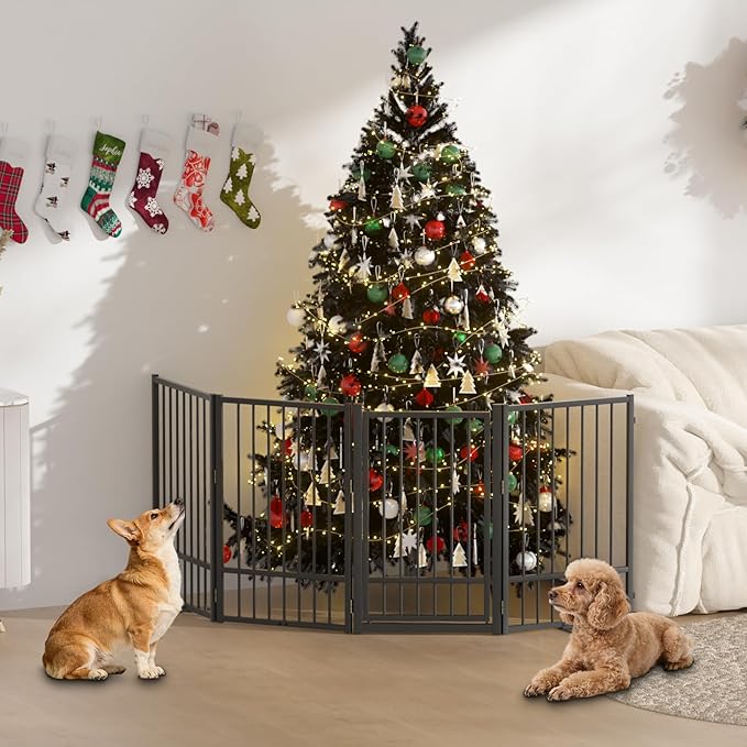 Full Metal Freestanding Dog Gate with Door, 36''Height Foldable Pet Dog Fence for Indoor & Outdoor, 4 Panels Extra Wide Free Standing TallDog Gates for Doorways,House,Stairs,Porch,Deck,Yard