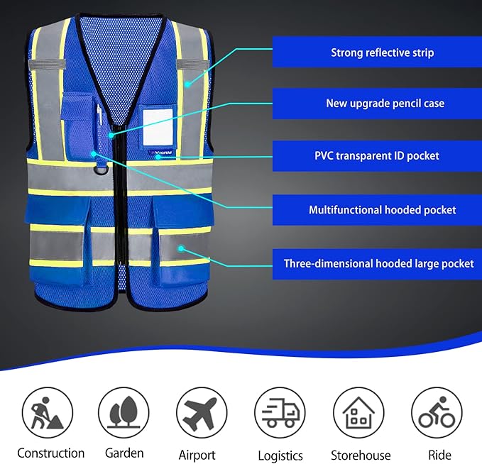 AYKRM 11 color High Vis Reflective Safety Vest for Women Men Security Pocket Zipper
