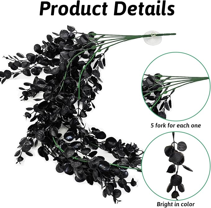 Hamiledyi 6 PCS Reptile Plants, Hanging Terrarium Plants, Artificial Leaves Habitat Decorations with Suction Cup, Fake Amphibian Plants for Bearded Dragon Lizard Hermit Crab Geckos Chameleon(Black)