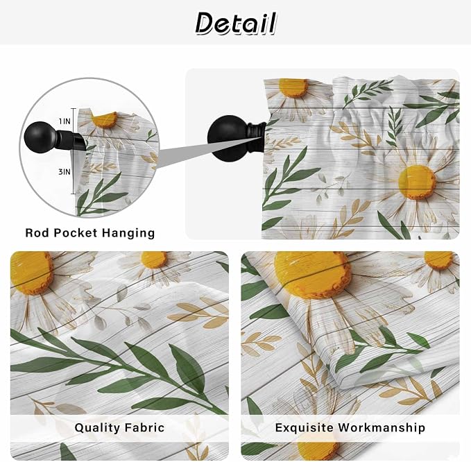 Spring Daisy Kitchen Curtains, Farmhouse Country Flower Leaf Plant Wood Grain