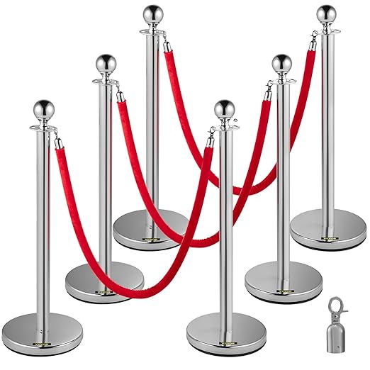 VEVOR Stanchion Post with Velvet Ropes, 6-Pack Crowd Control Stanchion with 3PCS 5FT Red Velvet Ropes, Stainless Steel Queue Barrier Line Divider with Ball Top for Events, Museums, Parties