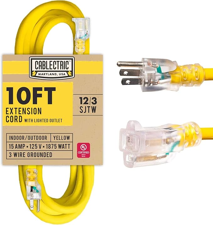 10 Ft Outdoor Extension Cord - 12/3 SJTW Heavy Duty Yellow 12 Gauge Lighted Electrical Cable with 3 Prong Grounded Plug