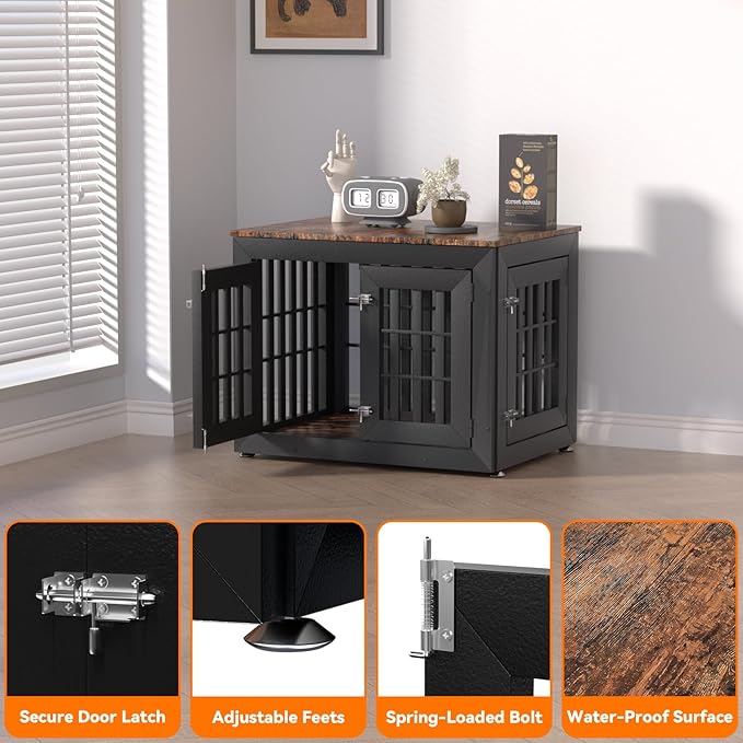 32" Heavy Duty Dog Crate Furniture for Small,Medium and Large Dogs,Rustic Wooden Dog Cage Kennel Indoor Furniture with Waterproof Top,Decorative Pet House Side End Table (Black & Wood)