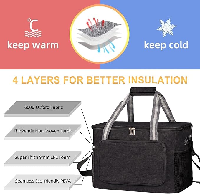 iknoe Large Cooler Bag Collapsible, 24L Insulated Bags, Leakproof Lunch Cooler Tote with Multi-Pockets for Adult Insulated Thermal Bag for Beach, Picnic, Office Work, Black 36-Can