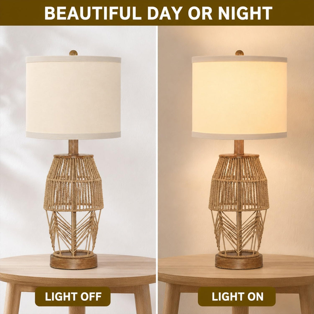 21.5 Inch Boho Table Lamps Set of 2, Rattan Wicker Bedside Lamps