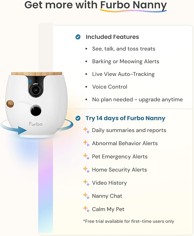 Furbo Mini 360° 2K QHD Pet Camera + Power Adapter: Dog & Cat Rotating Treat Dispenser w/Phone App, Smart Cam w/2-Way Speaker & Night Vision. No Subscription Needed. Standard See, Talk, & Toss Features