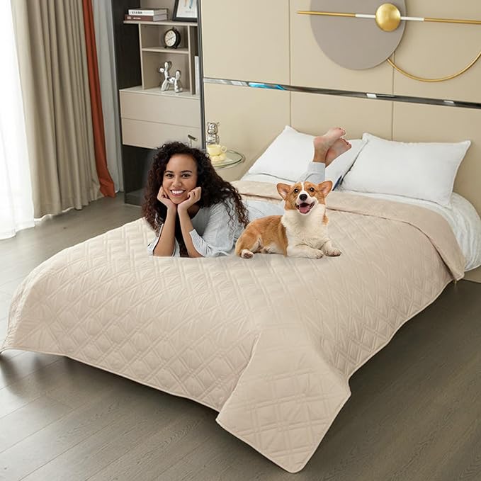 Dog Bed Cover, 100% Waterproof & Anti-Slip Pet Blanket Sofa Mat, Reusable Washable Geometric Embroidery Mattress, Camping Pad for Dogs/Cats (30x70 inch, Beige)