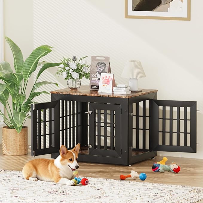 32" Heavy Duty Dog Crate Furniture for Small,Medium and Large Dogs,Rustic Wooden Dog Cage Kennel Indoor Furniture with Waterproof Top,Decorative Pet House Side End Table (Black & Wood)