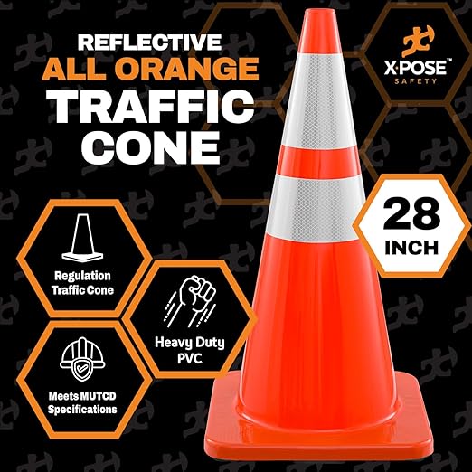 Xpose Safety 28 Inch Orange Traffic Cones with 6" & 4" Collars, 12-Pack - Multipurpose PVC Plastic Safety Cone for Parking, Soccer, Caution, Kids and Construction - DOT Approved