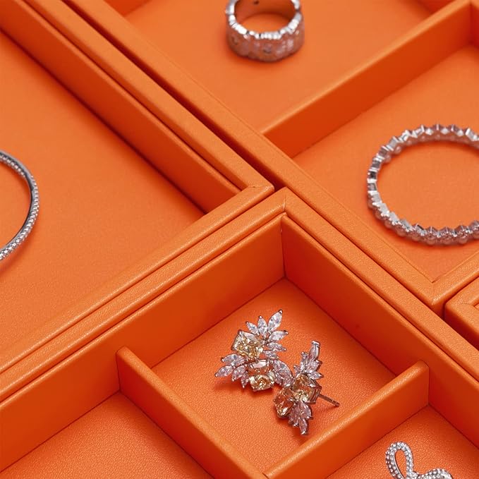Oirlv Luxury Leather Jewelry Tray Orange Stackable Jewelry Drawer Organizer