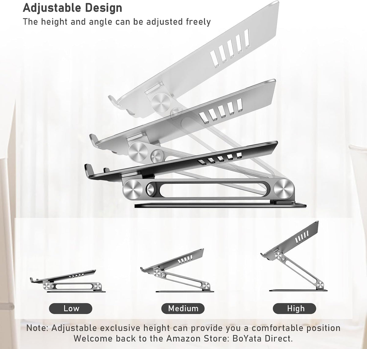 BoYata Laptop Stand, Adjustable Metal Desktop Riser, Up to 15 Inches, Gray