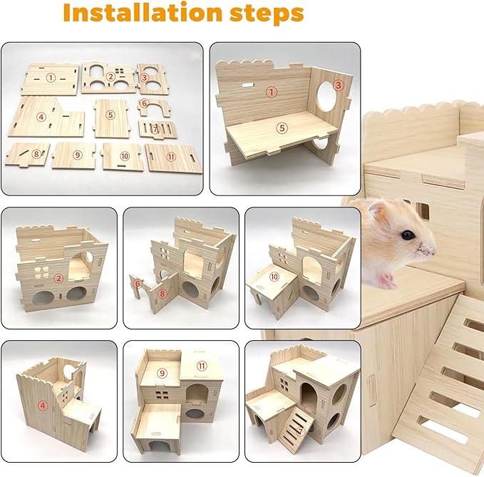Wooden Dwarf Hamster House, Hamster Tiny House Hideout, Hamster Maze House, Large Balcony Lookout Holes, Easy to Assemble, Detachable Parts, Secure Hideaway, C