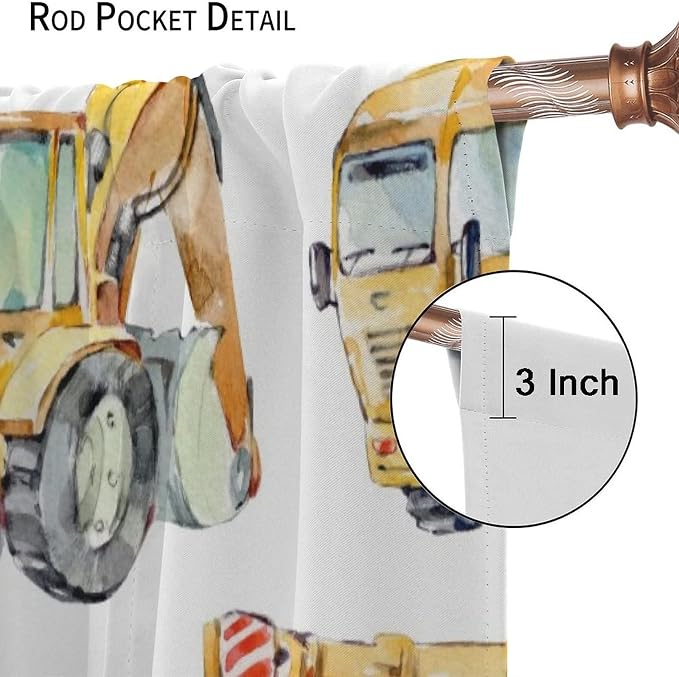Kids Excavator Curtains, Retro Truck Tractor Machinery Construction Vehicle