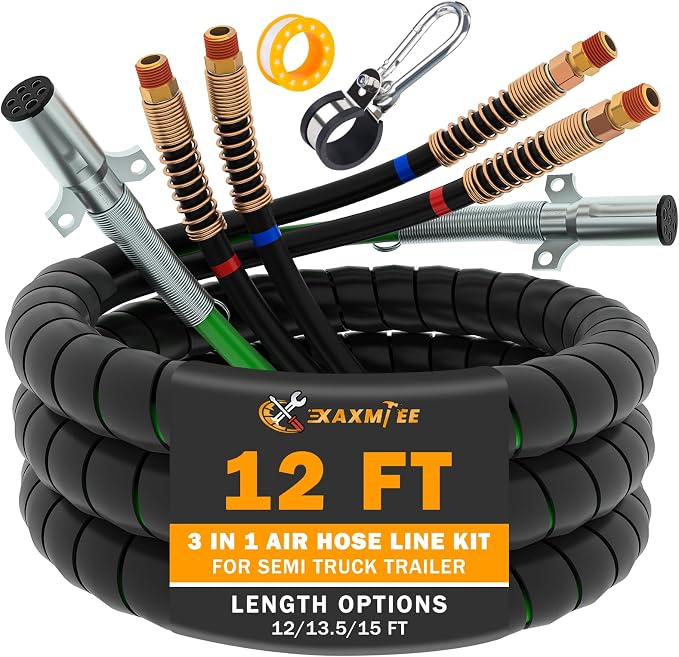 12FT Semi Truck Air Lines Kit 3IN1 Trailer Cord and Air Brake Hoses Assembly