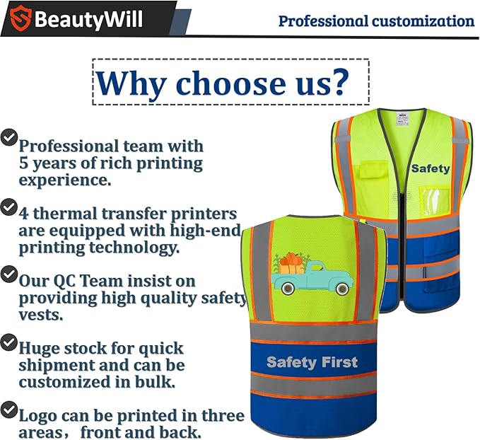 Custom Mesh Safety Vest 5 Pack Customized Logo Class 2 High Visibility Reflective Vest with Pockets Construction workwear（Yellow Blue，L）