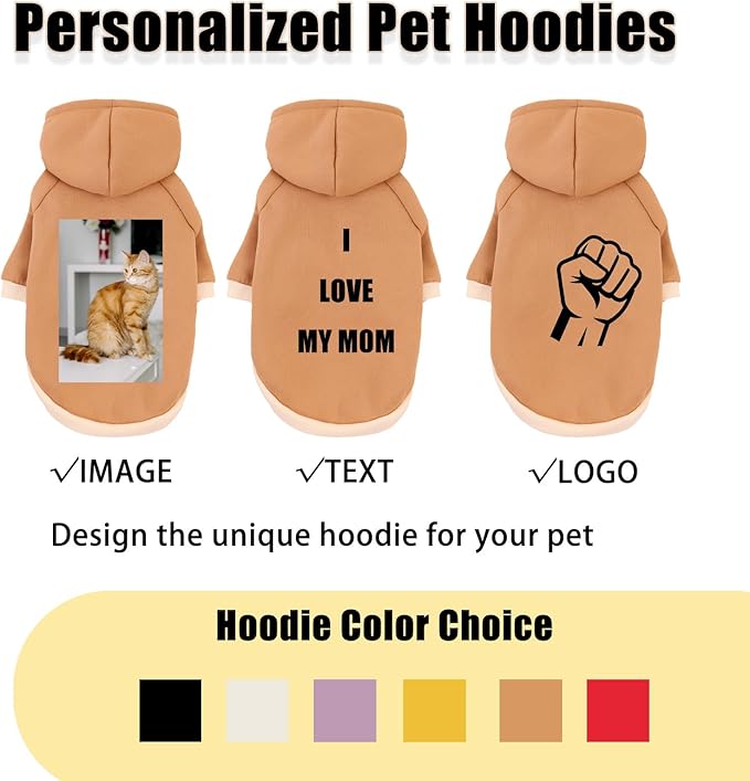 Custom Dog Hoodie, Personalized Sweatshirt with Photo Text Name Logo, Customized Hooded Sweater for Small Medium Large Dogs & Cats (Brown, Medium)